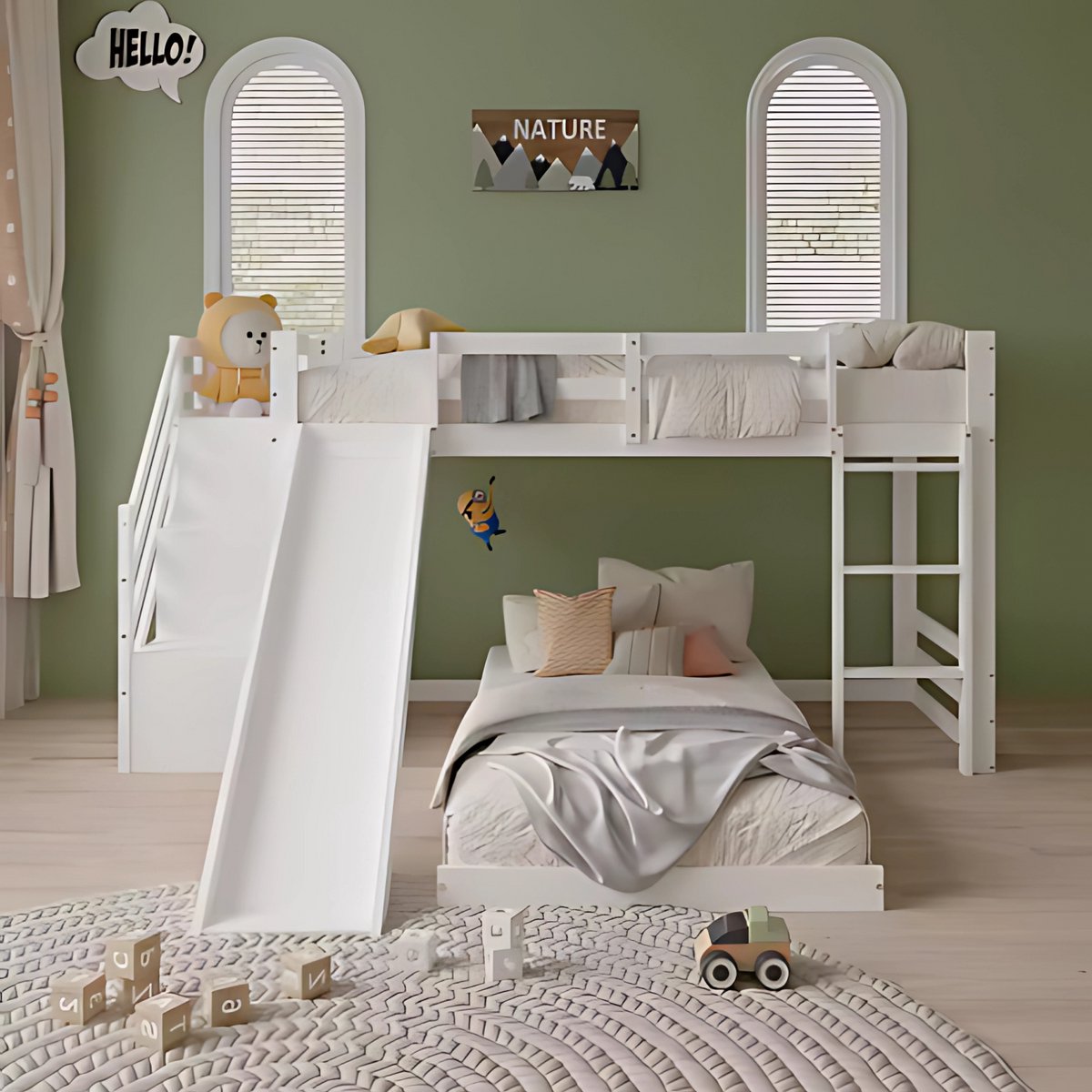 Luxe stapelbed voor kinderen - 90x200 cm - Met glijbaan - Kinderbedden - Hoogslaper - Met Hoektrap, valbeveiliging en raam - Peuterbed