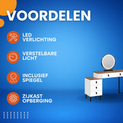 Kaptafel met LED-verlichting - Make-up tafel - Voor Slaapkamer - 3-delige Verstelbare Lichtintensiteit - Inclusief Mobiele Spiegel & Zijkast