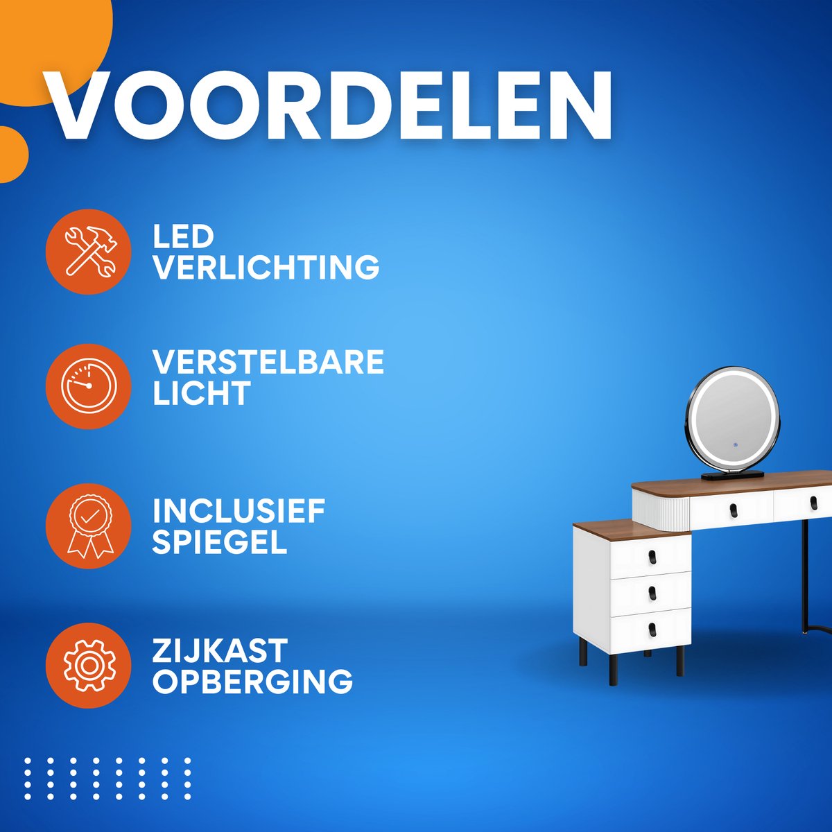 Kaptafel met LED-verlichting - Make-up tafel - Voor Slaapkamer - 3-delige Verstelbare Lichtintensiteit - Inclusief Mobiele Spiegel & Zijkast