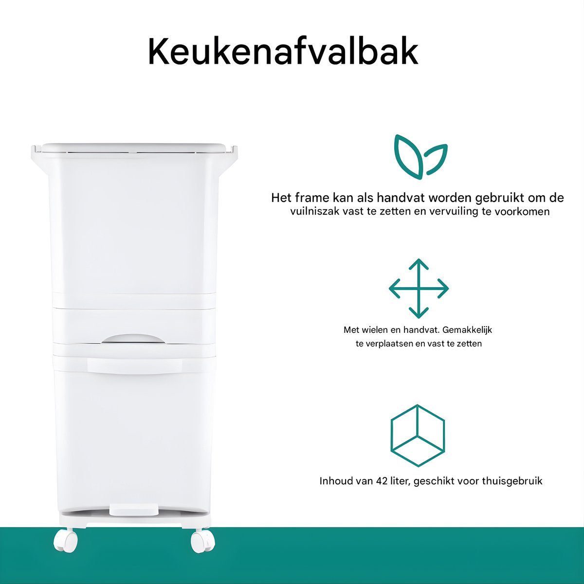 Prullenbak 42L - Grote Capaciteit - Keuken - Scheiding - Voor Thuis, Huishoudelijk & Restaurant - Droge & Natte Scheidingspedaalbak op Wielen