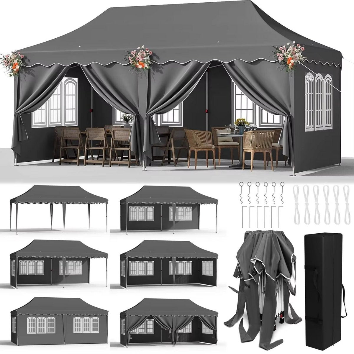 Paviljoen- Partytent - Tuin tent - Overkapping - Gazebo - Opvouwbare Partytent met Zijwanden - UV50+ Bescherming - Waterdicht & Stevig - Voor Tuinfeest & Buitengebruik - Grijs - 3x6m