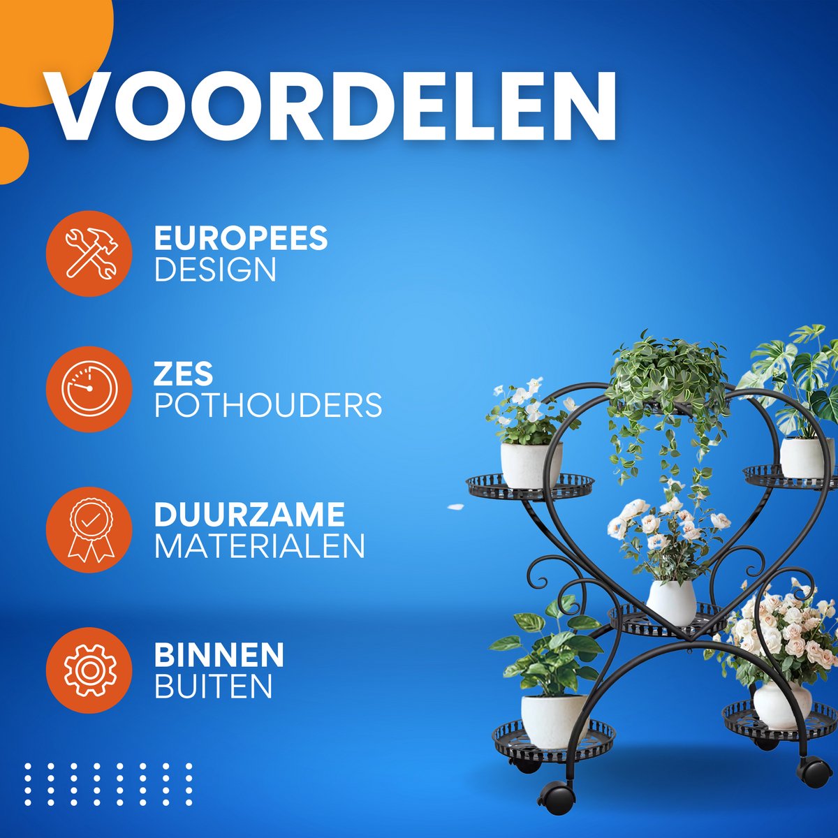 Metalen Plantenstandaard Lovi - Voor Binnen & Buiten - Met wieltjes - 6 bloempotten - Zwart