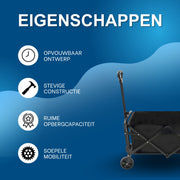 Opvouwbare Bolderkar – Bolderwagen - Voor strand, tuin en camping – Met wielen en duwstang – Zwart