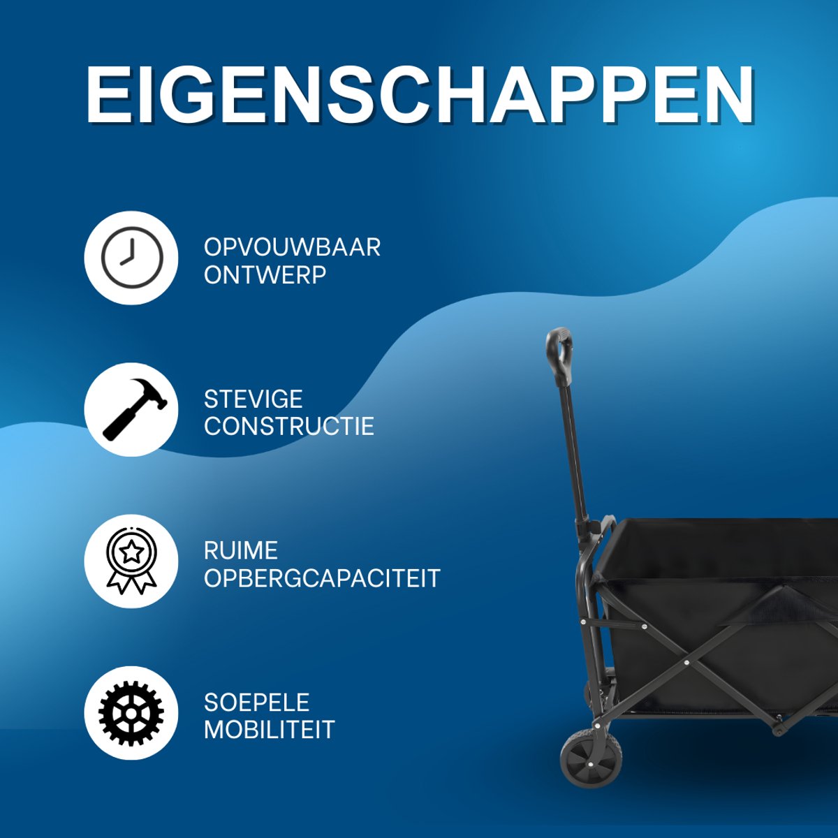 Opvouwbare Bolderkar – Bolderwagen - Voor strand, tuin en camping – Met wielen en duwstang – Zwart