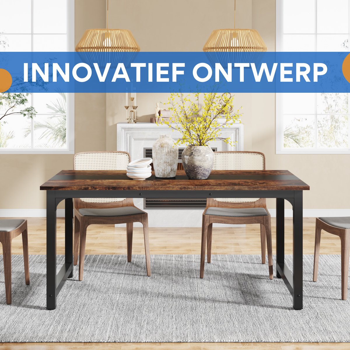 Eettafel Duvia - 160cm - Voor 6-8 personen - Voor Keuken of eetkamer - Bruin
