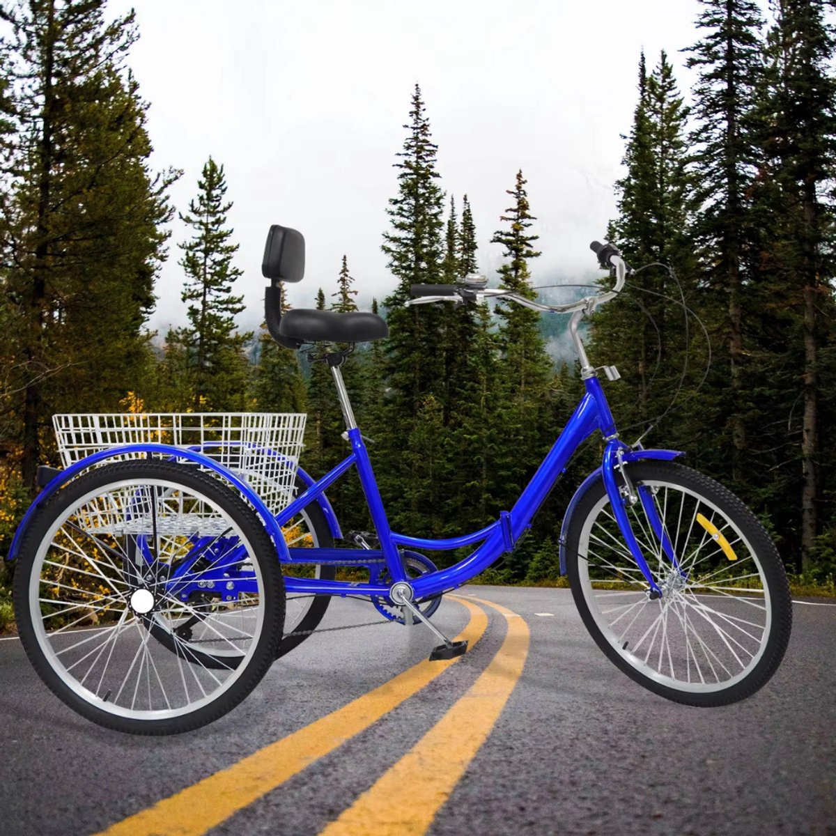 Driewieler Dita - 7 versnellingen - Fiets voor volwassenen en senioren - 24 Inch - Opvouwbare - Verstelbaar - Met mand - Voorrem - Blauw