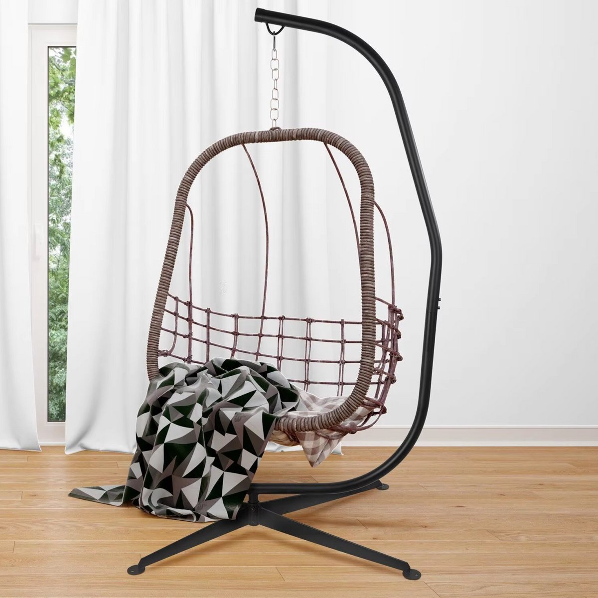 Metalen Hangstoel Hangmat C-Standaard - Egg hangstoel Chair - Schommel - 150kg Capaciteit - Schommelstandaard voor Buiten, Terras, Balkon & Veranda - 360° Rotatie