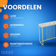 Consoletafel Luxora - Elegante consoletafel - Wandtafel met lades - Wit Marmerlook met goud - Haltafel - Sidetable - 100cm