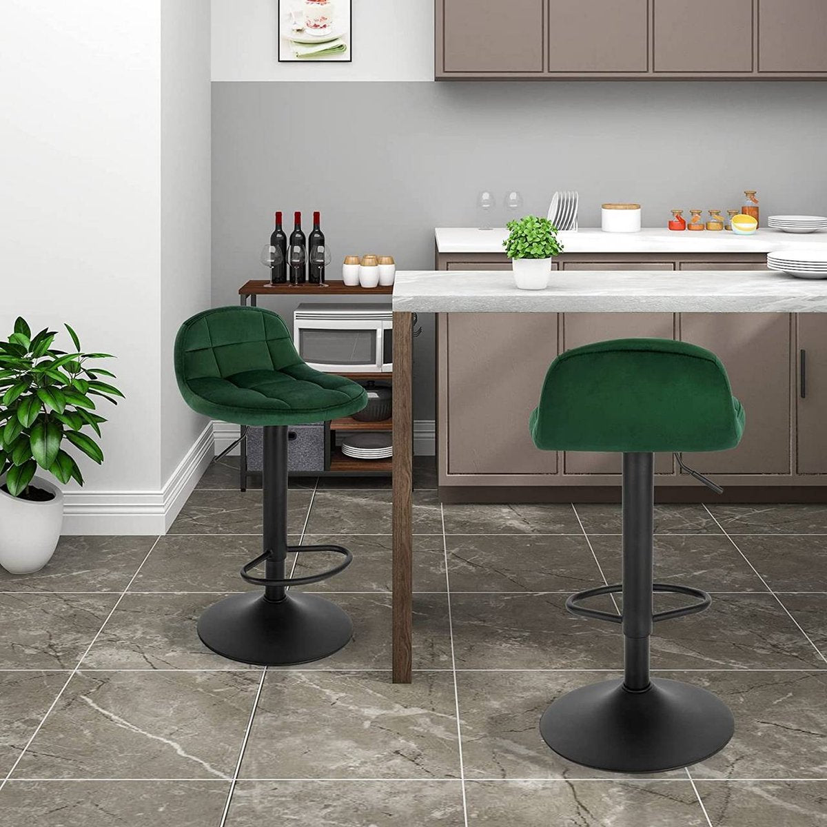 Luxe Barkurk Erino - Industrial - Donkergroen - Barkrukken set van 1 - Barstoel Kruk - Barstoelen met rugleuning - Keukenstoel - In hoogte verstelbaar - Velvet