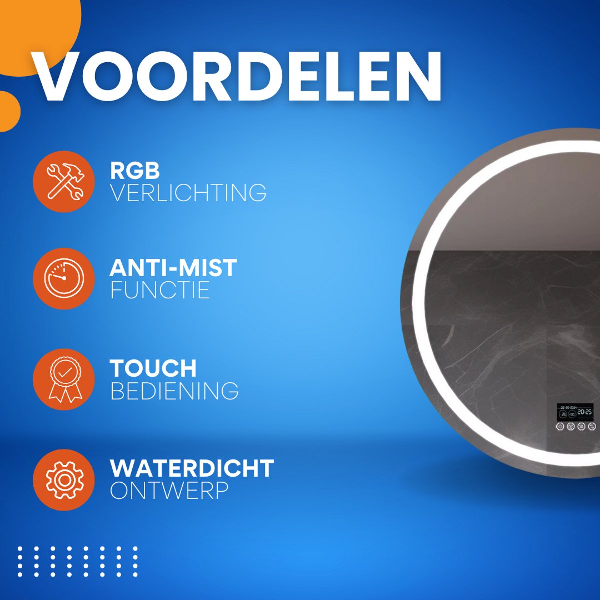 Badkamerspiegel Musica - Met verwarming en LED verlichting - Bluetooth en muziek - Rond - Geen condens - Spiegel voor badkamer - 80x80cm