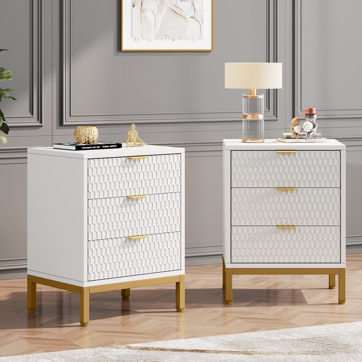 Modern nachtkastje - Voor Slaapkamer - 65cm hoog - 3 lades - Wit