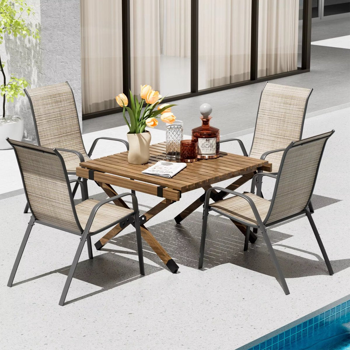 Metalen Buitenstoelenset - Tuinstoelen - Tuintafel stoelen - Stapelbare Terrasstoelen van Textilene - Set van 4, Max. Belastbaarheid 150 kg - Bruin