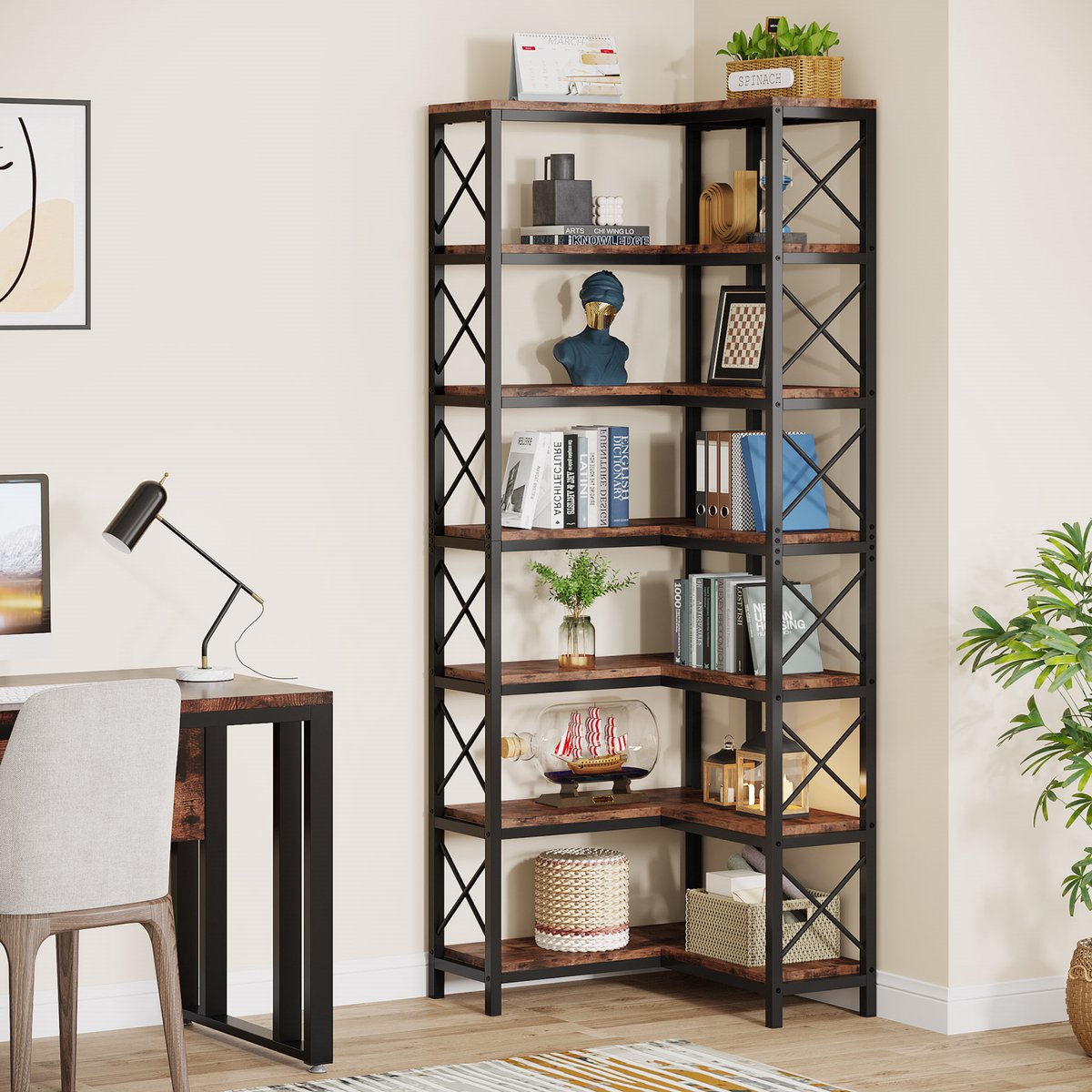 Boekenkast met 7 Lagen - Hoekkast - Bruin - Hoekrek - Voor Woonkamer, Slaapkamer of Kantoor