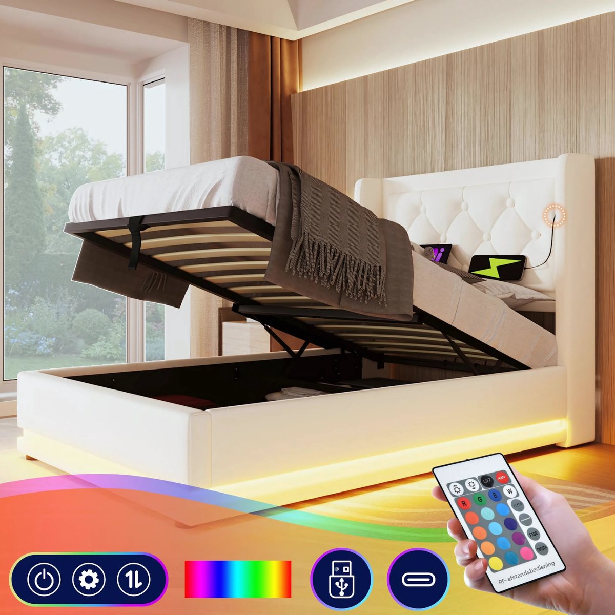 Eenpersoonsbed - Kinderbed - Kinderbedden - Jeugdbed - Voor Slaapkamer of Jeugdkamer - Met USB-C & 3-zijdig Hoofdeinde - Hydraulisch Bed met Opbergruimte - Wit PU Leer - 90x200cm