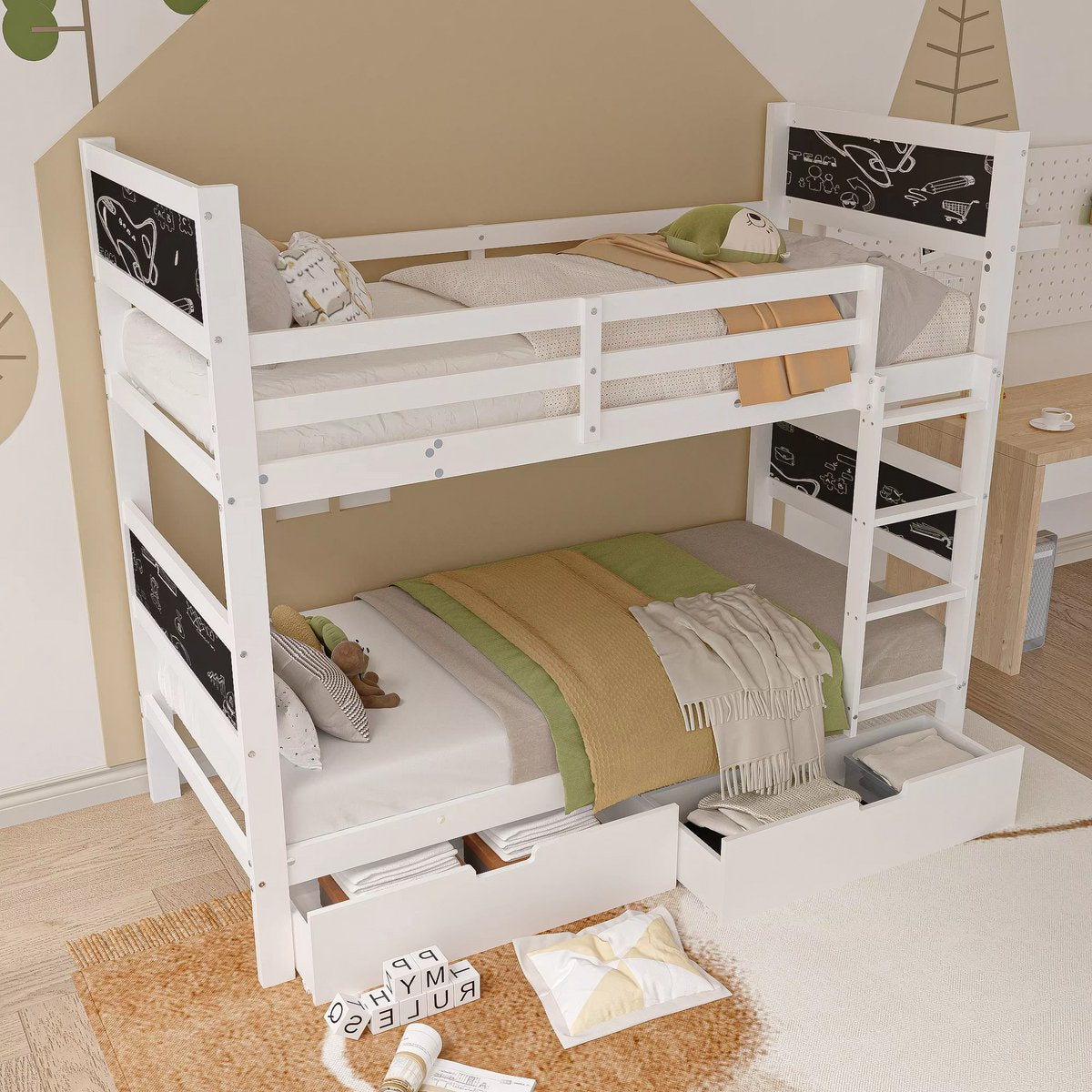 Luxe hoogslaper voor kinderen - 90x200 cm - 2 Kinderbedden - stapelbed - Met Hoektrap, valbeveiliging en raam - Peuterbed