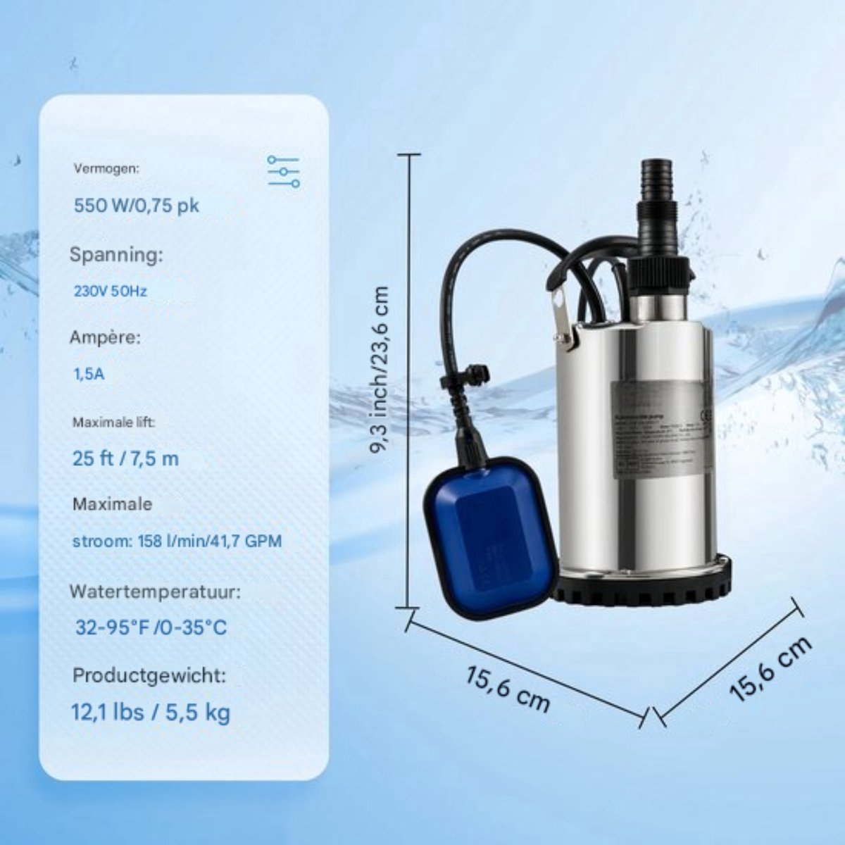 Happyment Rioolwaterpomp - Waterpomp - Dompelpomp - 550W - Zwembaden