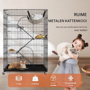Kattenkooi - Metalen kattenbench kooi - 4 Niveaus - 3 Ladders - Voor binnen - 2 Deuren