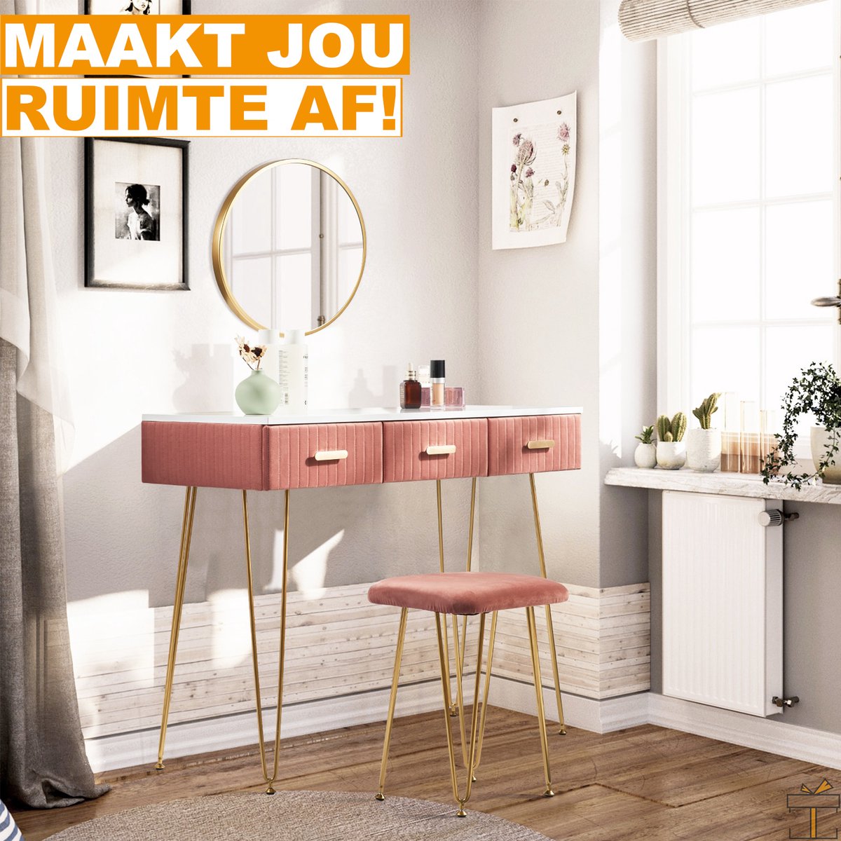 Happyment Kaptafel Deluxe - Inclusief spiegel en krukje - Roze - Kinderen & volwassenen - Make up tafel voor meisjes - Black friday - Kerstcadeau
