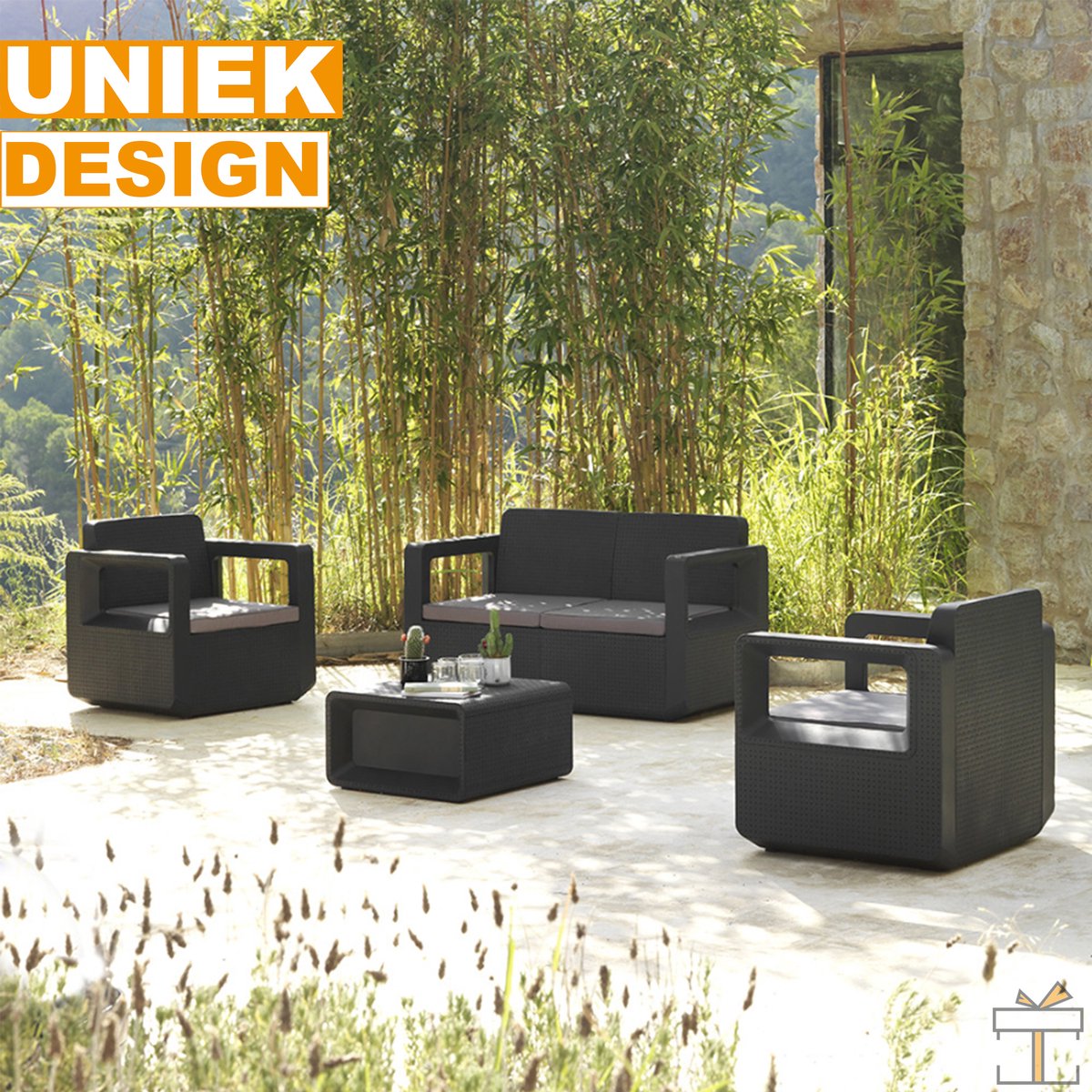 Happyment Luxe tuinset - 4 persoons - Loungeset tafel - Wasbare kussens - Tuinsets - Tuintafel met stoelen - Tuinmeubels