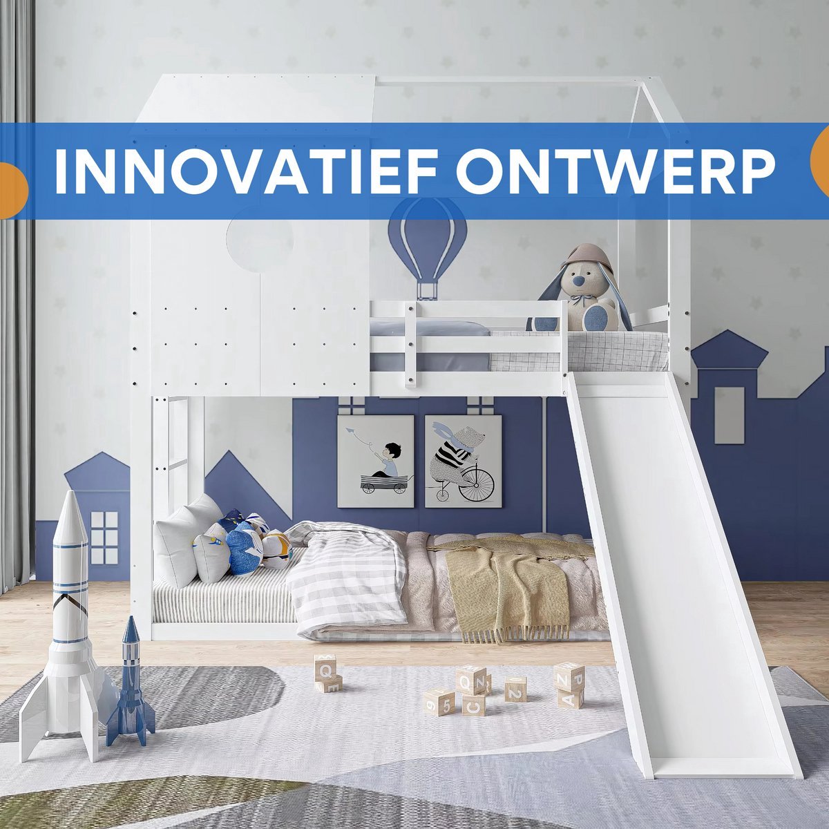 Luxe stapelbed Valora voor kinderen - 90x200 cm - Kinderbedden - Hoogslaper - Met Hoektrap, valbeveiliging en raam - Peuterbed