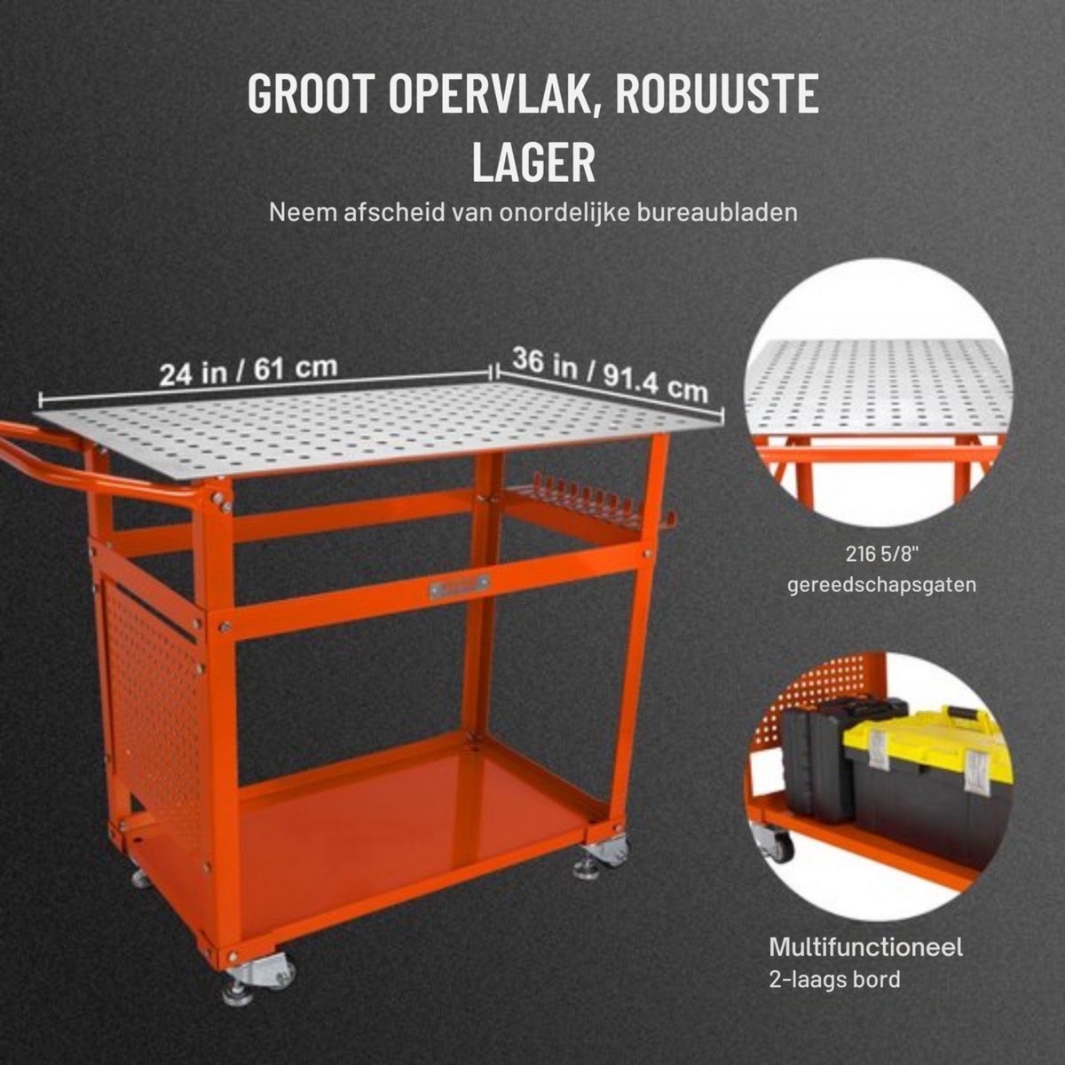 Mobiele wertktafel op wieltjes - Laswerkbank - Koolstofstalen Werkbank - 91.4x61cm - 272kg Gatentafel 216