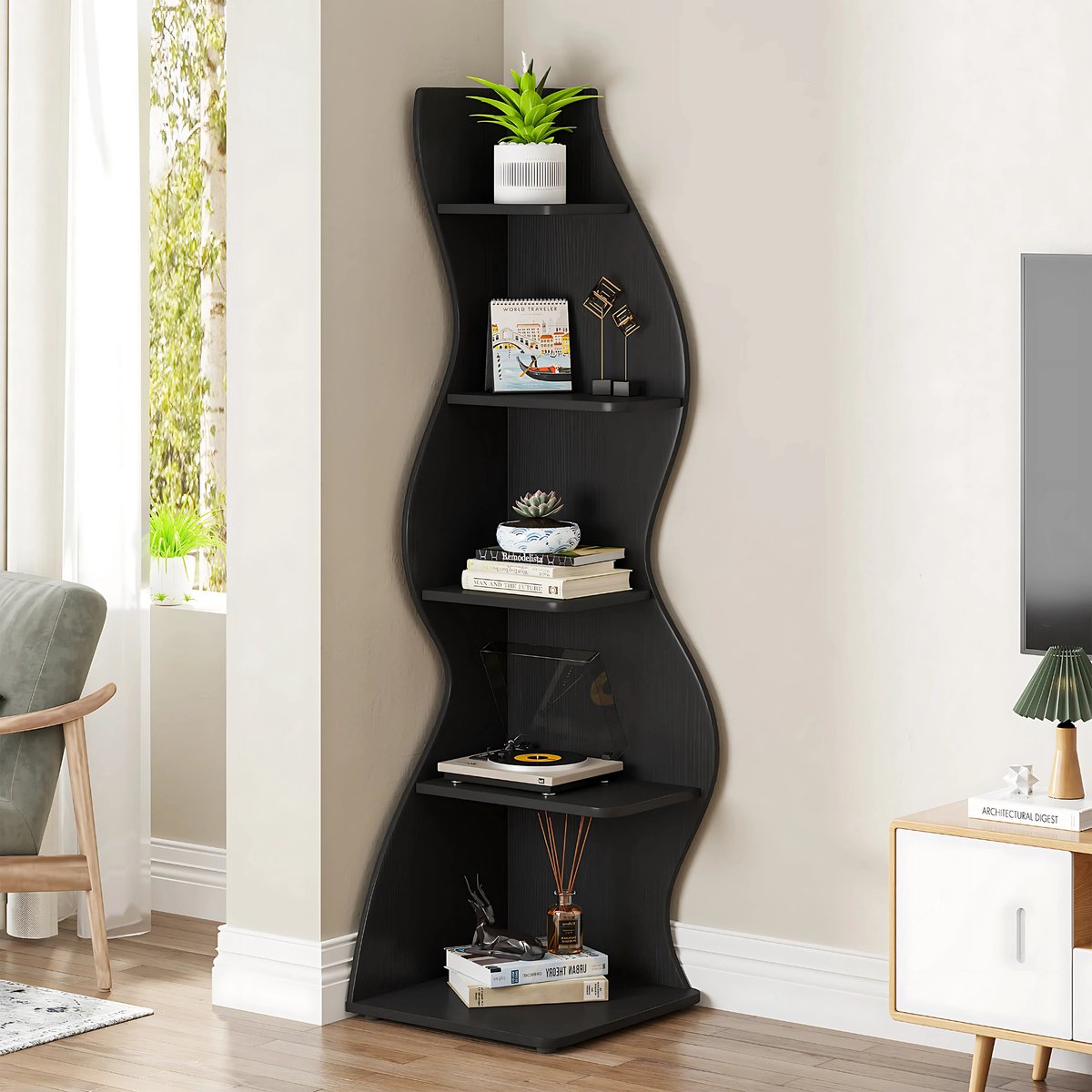 Moderne boekenkast 5 lagen - Zwart - Boekenrek - Woonkamer, slaapkamer en kinderkamer - Hout - 180cm