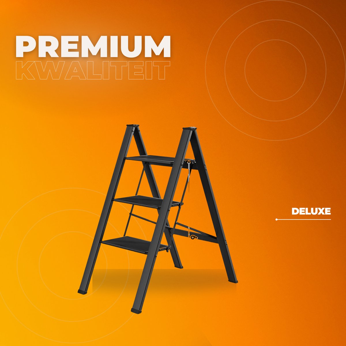 Huishoudtrap - Keukentrap - 3 treden - Ladder Aluminium - Opstapkruk met anitslip - Lichtgewicht - 150KG Belastbaar - Zwart