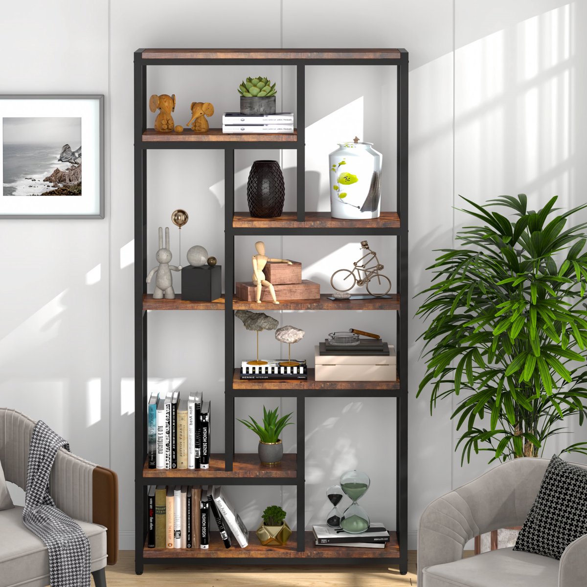 Boekenkast Larevo - 8 Lagen - Boekenrek Opbergrek - Industriële Stellingkast Metaal - Voor Slaapkamer, Woonkamer of Kantoor - Bruin - 30 cm (D) × 100 cm (B) × 200 cm (H)