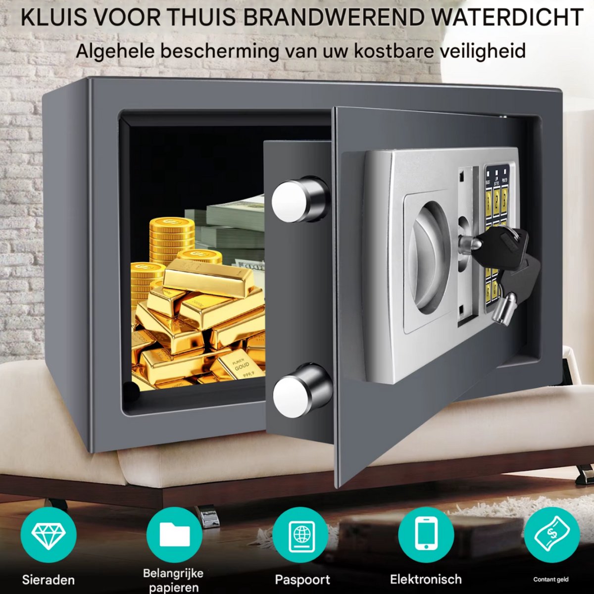 Digitale Stalen Beveiligingskluis Laziel - Commerciële Kluis - Wandmontage - 2 Sleutels - 4.6L