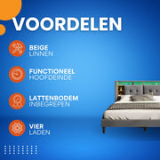 Bed - Tweepersoonsbedden - Tweepersoonsbed - Voor Slaapkamer - Met Opbergruimte, Hoofdeinde met USB-oplaadpunt & LED-verlichting - Bedrek & Houten Lattenbodem - Donkergrijs - 160x200 cm