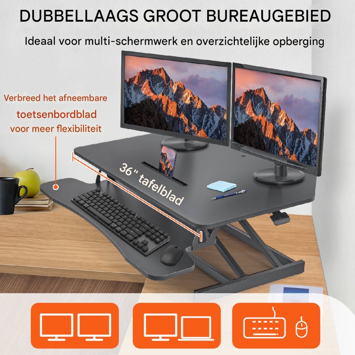 Luxe Bureau - Zwart Hout - Staande Bureauconverter - Dubbellaags Design
