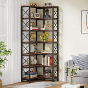 Hoekkast Zakapone - Hoge vakkenkast 200cm - Boekenrek Hoekmeubel - Opbergrek 7 planken - Bruin