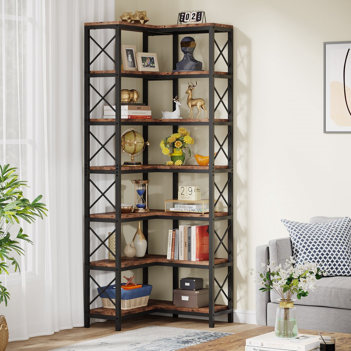 Hoekkast Zakapone - Hoge vakkenkast 200cm - Boekenrek Hoekmeubel - Opbergrek 7 planken - Bruin