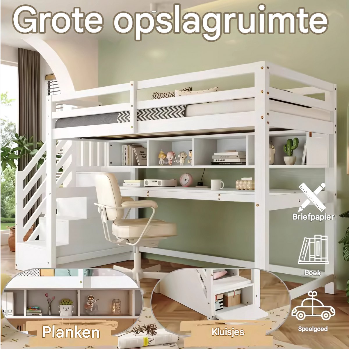 Luxe hoogslaper voor kinderen - 90x200 cm - Met bureau - Kinderbed - stapelbed - Met Hoektrap, valbeveiliging en raam - Peuterbed