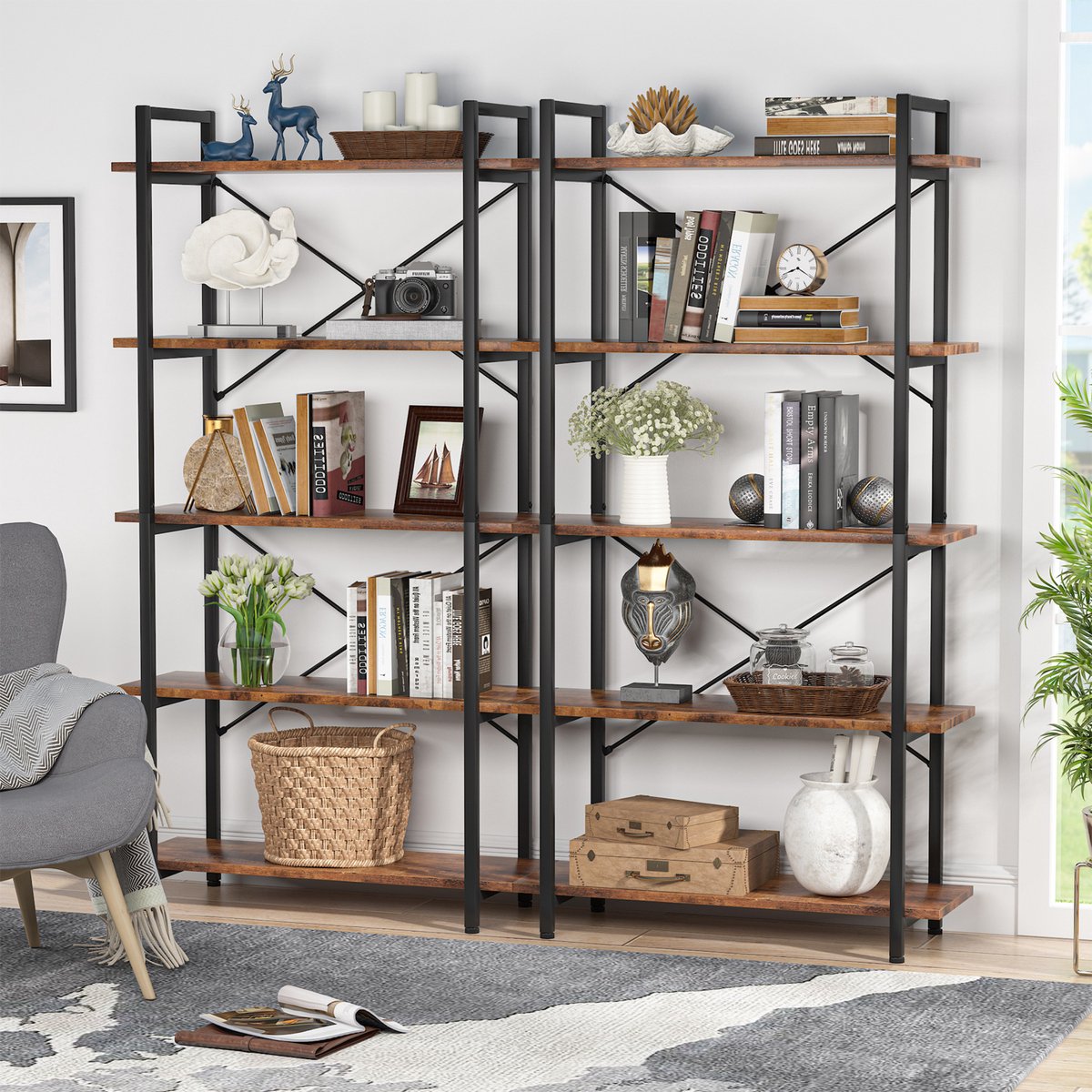 Boekenkast - Boekenplank - Wandplank - Boekenrek - Voor opbergen / woonkamer / kantoor - Industrieel - met open planken - Rustiek Bruin 04