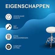 Draaikruk - Werkkruk - Kapperskruk - Tabouret - Voor Schoonheidssalons, Bars & Thuis - Met wieltjes - 150 kg Draagvermogen - Wit