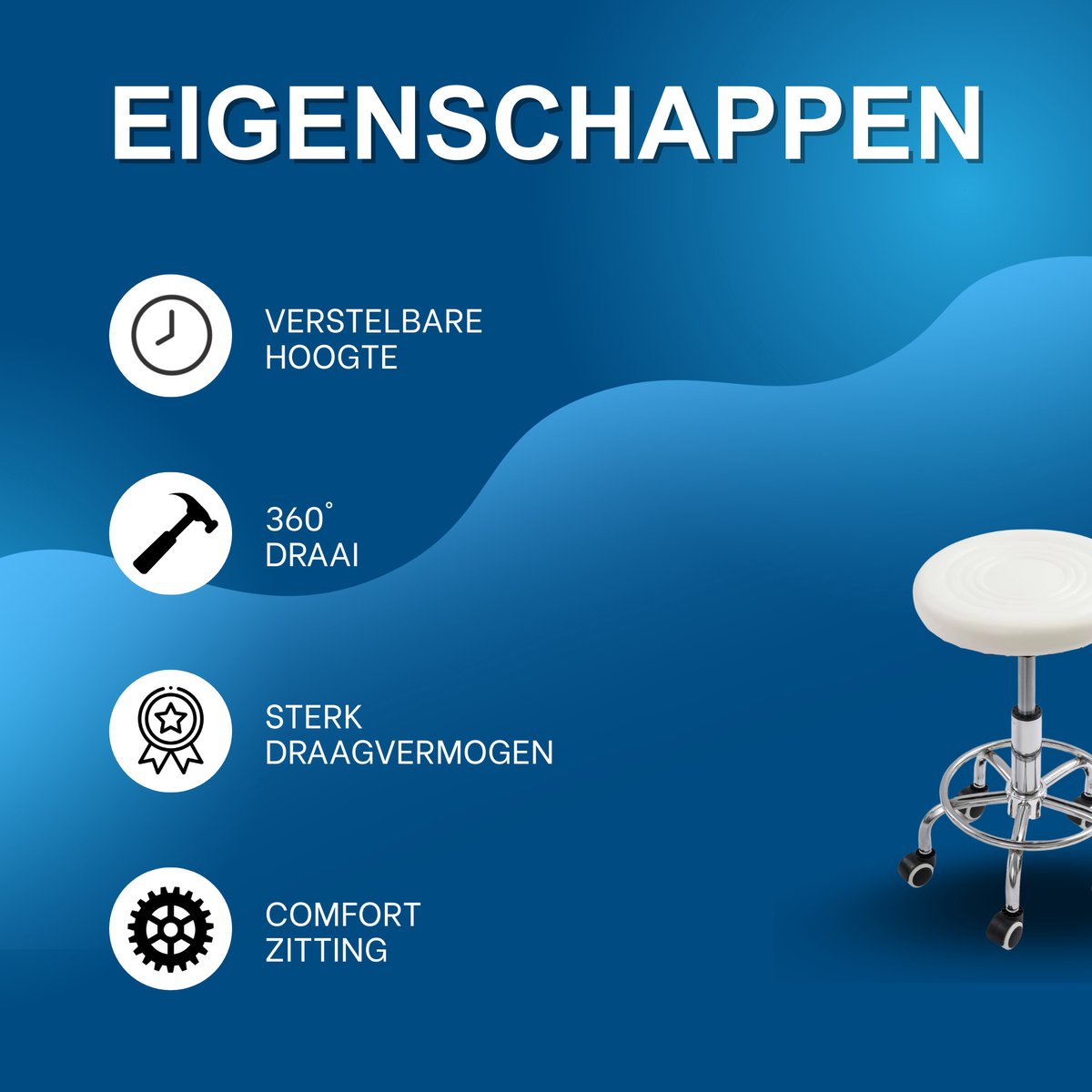 Draaikruk - Werkkruk - Kapperskruk - Tabouret - Voor Schoonheidssalons, Bars & Thuis - Met wieltjes - 150 kg Draagvermogen - Wit