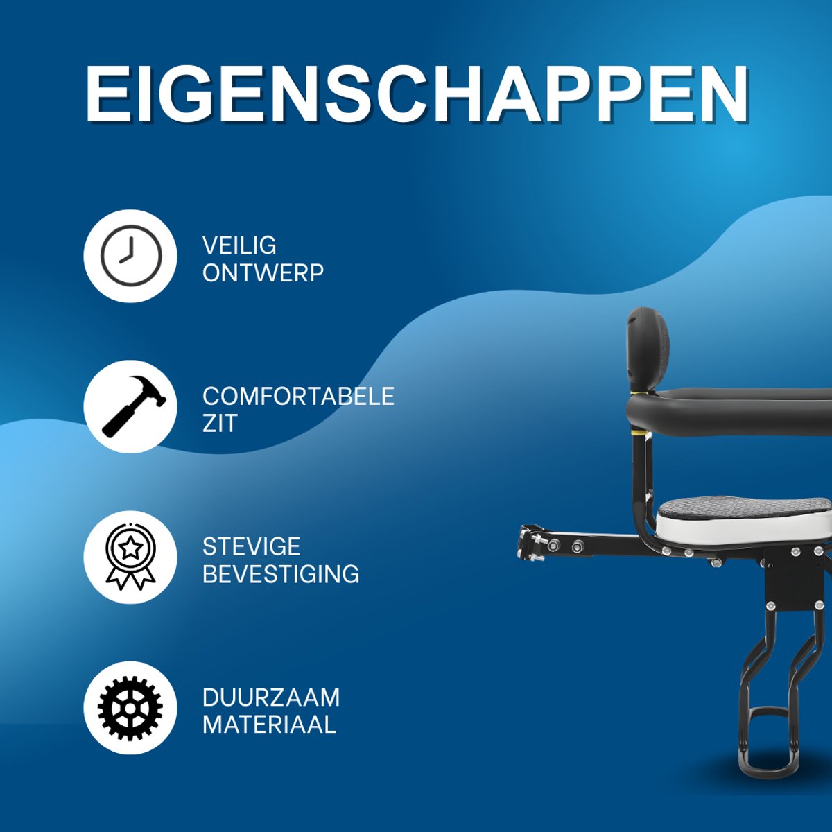 Fietsstoel - Fietszitje - Kinderzitje voor op de fiets – Voor montage op volwassen fiets – Comfortabel voor kinderen – Zwart / Veilig ontwerp