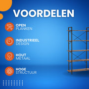 Boekenkast - Boekenplank - Wandplank - Boekenrek - Voor opbergen / woonkamer / kantoor - Industrieel - met open planken - Rustiek Bruin 04