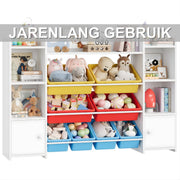 Speelgoedopbergkast – Kinderspeelkamer - Kinderboekenkast - Voor woonkamer, speelkamer en slaapkamer – Met 8 verwijderbare dozen en opbergplanken – 138,8×29,6×94,3 cm - Rood