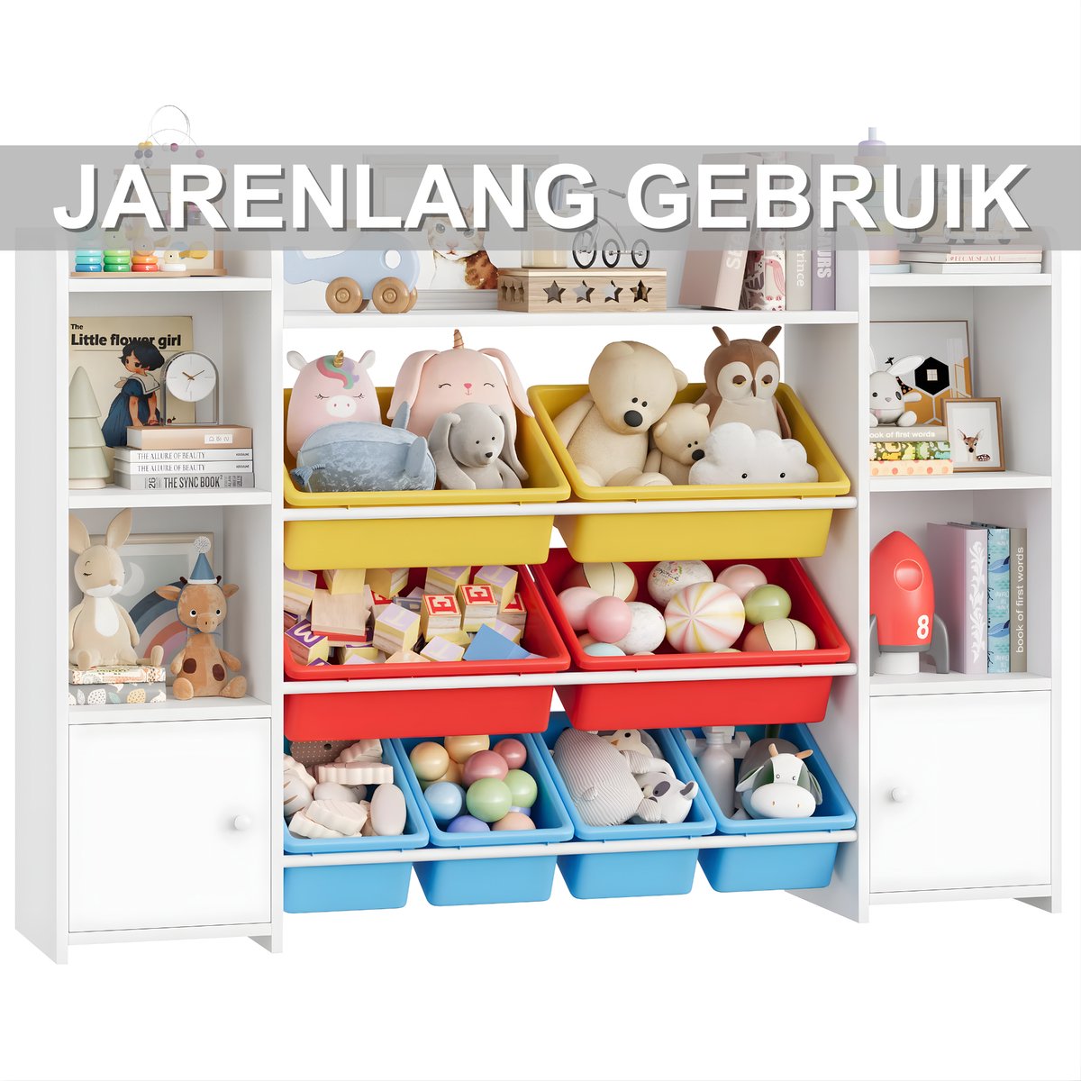 Speelgoedopbergkast – Kinderspeelkamer - Kinderboekenkast - Voor woonkamer, speelkamer en slaapkamer – Met 8 verwijderbare dozen en opbergplanken – 138,8×29,6×94,3 cm - Rood