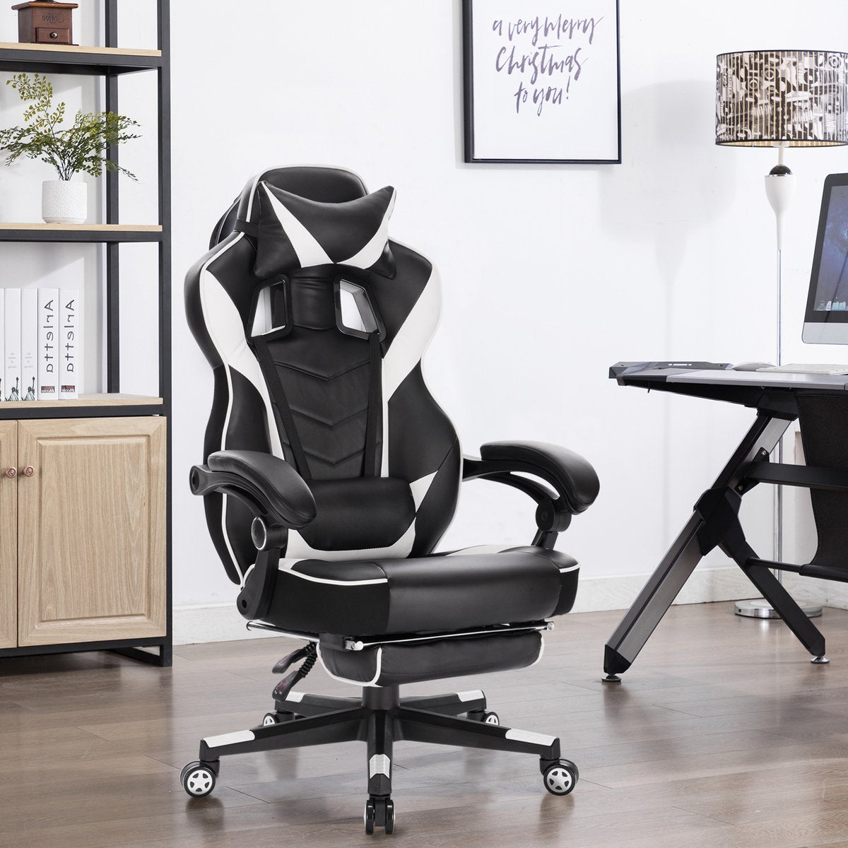 Gaming stoel Preformace - Verstelbaar in hoogte - Met voetsteun - Gamestoel - Chair - Ergonomische bureaustoel - Chair - Wit - Kunstleer