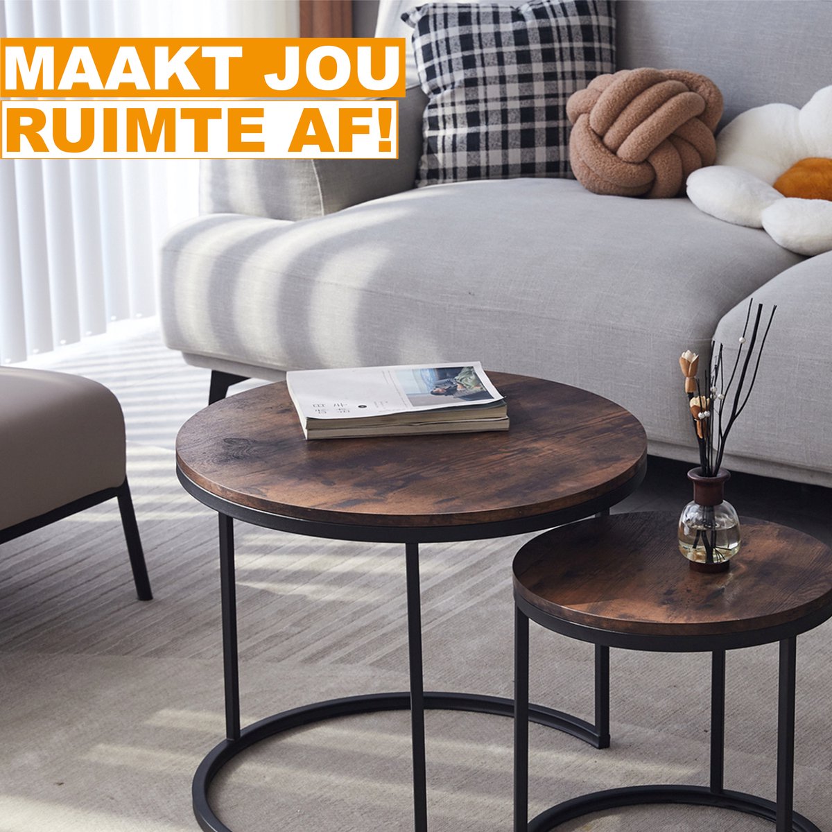 Happyment Salontafel deluxe Bruin - Set van 2 - Landelijk - Woonkamer - Rond - 60 en 40cm
