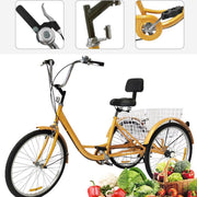 Driewieler Fioren voor volwassenen - 6 versnellingen - Fiets voor senioren - 24 Inch - Met mand - Voorrem - Geel