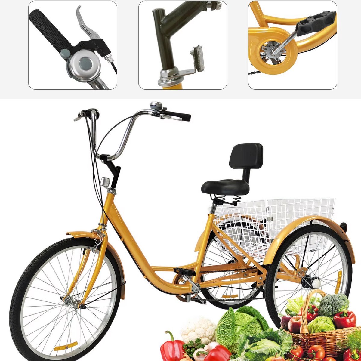 Driewieler Fioren voor volwassenen - 6 versnellingen - Fiets voor senioren - 24 Inch - Met mand - Voorrem - Geel
