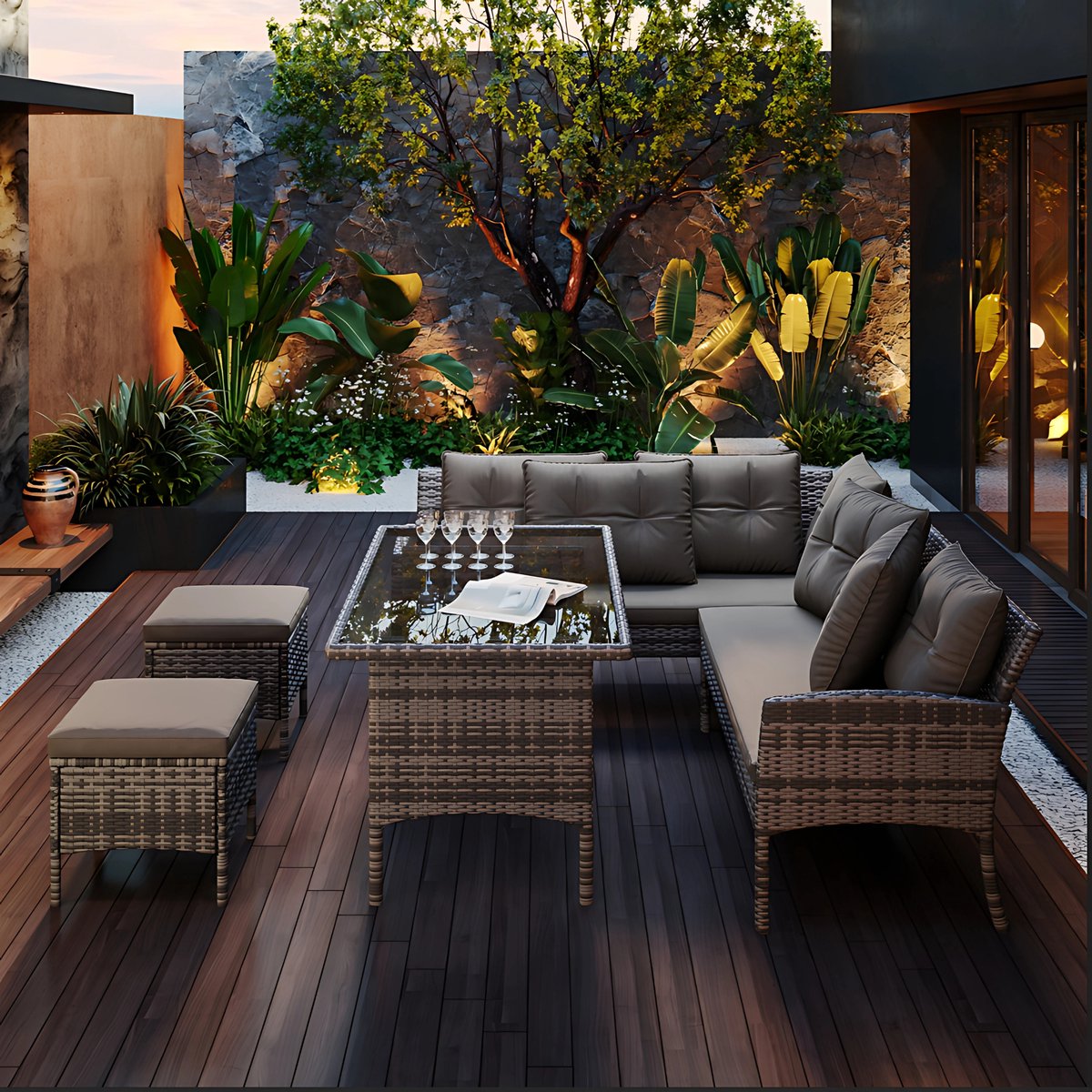 Tuinmeubelset - Loungeset - Tuinlounge Lounge Set - Lounge Set voor 7 Personen - Inclusief Sofa, Tafel, Kruk en Wasbare Kussens