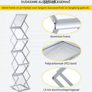 Opvouwbare Tijdschriftenrek - Zilver Aluminium - Tijdschriftenhouder - Lectuurbak - 26x36x152cm - 6 Vakken - Met Draagtas - Dubbelzijdig