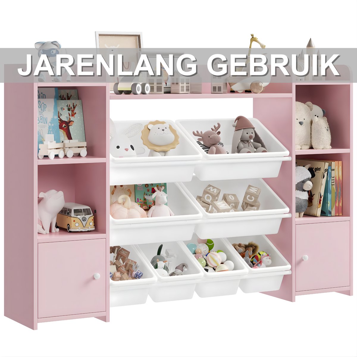 Speelgoedopbergkast – Kinderspeelkamer - Kinderboekenkast - Voor woonkamer, speelkamer en slaapkamer – Met 8 verwijderbare dozen en opbergplanken – 138,8×29,6×94,3 cm - Roze