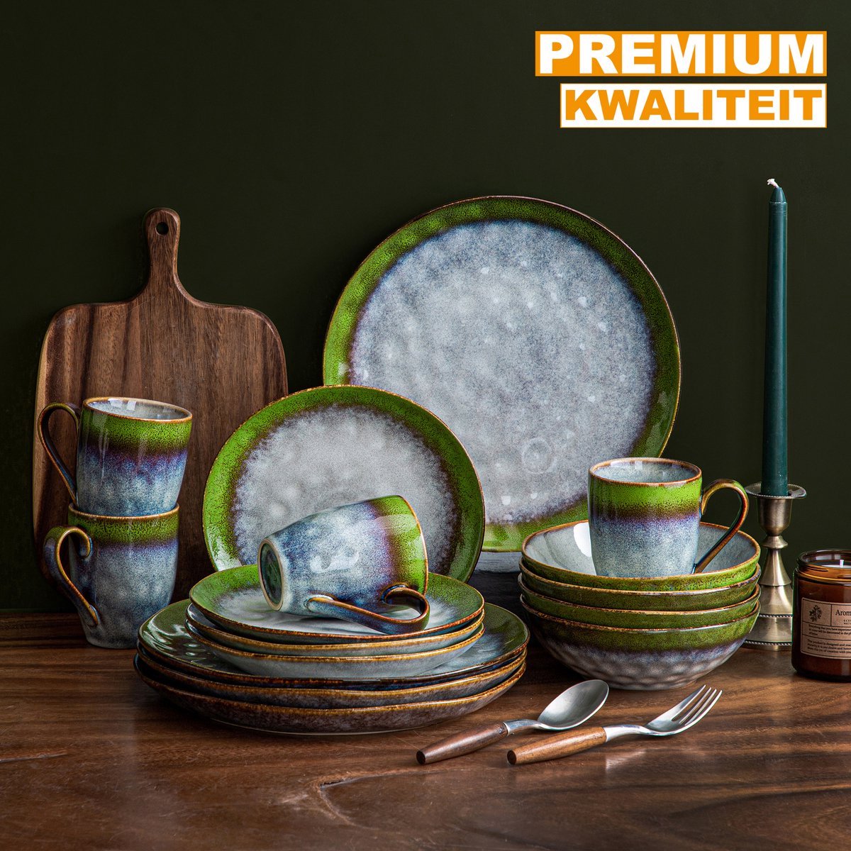 Regal Serviesset - 16 delig - 12 persoons - Durec groen - Dinerborden - Bordenset - Diepe borden - Ontbijtborden - Servies - Keukenservies – Luxe design