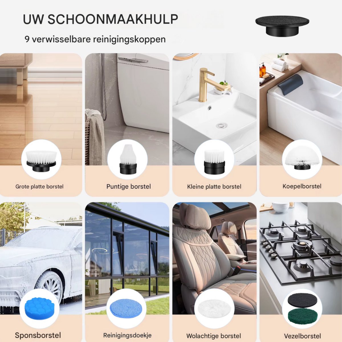 Elektrische Spin-Scrubber Tavien - 10-in-1 - Draadloos Oplaadbaar, Verstelbare Handgreep, Elektrische Reinigingsborstel voor Douche & Thuisgebruik